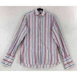 Duchamp London Button-Up Dress Shirt Mens Medium White Stripe Print Long Sleeve